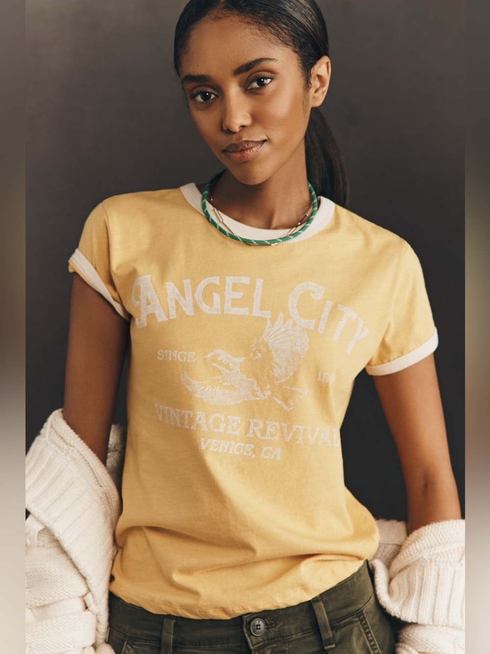 Letluv Angel City Vintage Revival Yellow Graphic Ringer Tee, XS, NWT